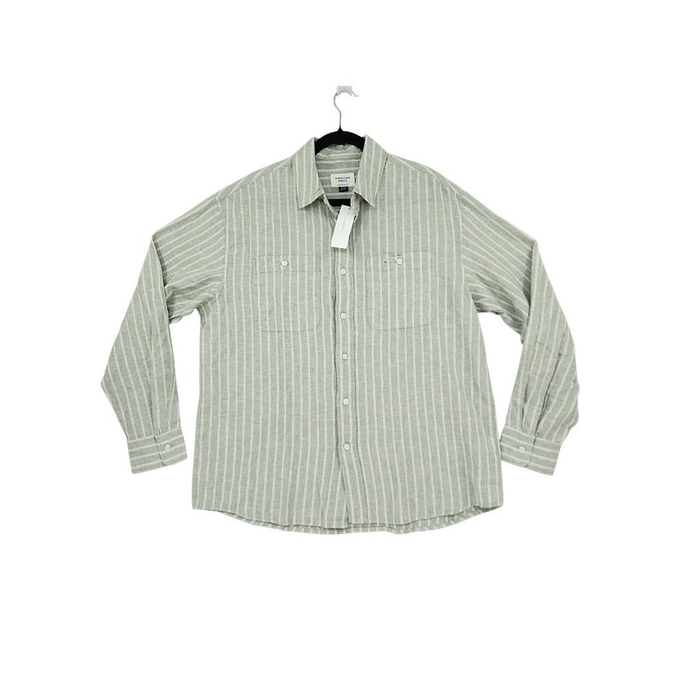 American Eagle Linen Button Up Shirt M Mens Relaxed Fit Green Striped Preppy NEW